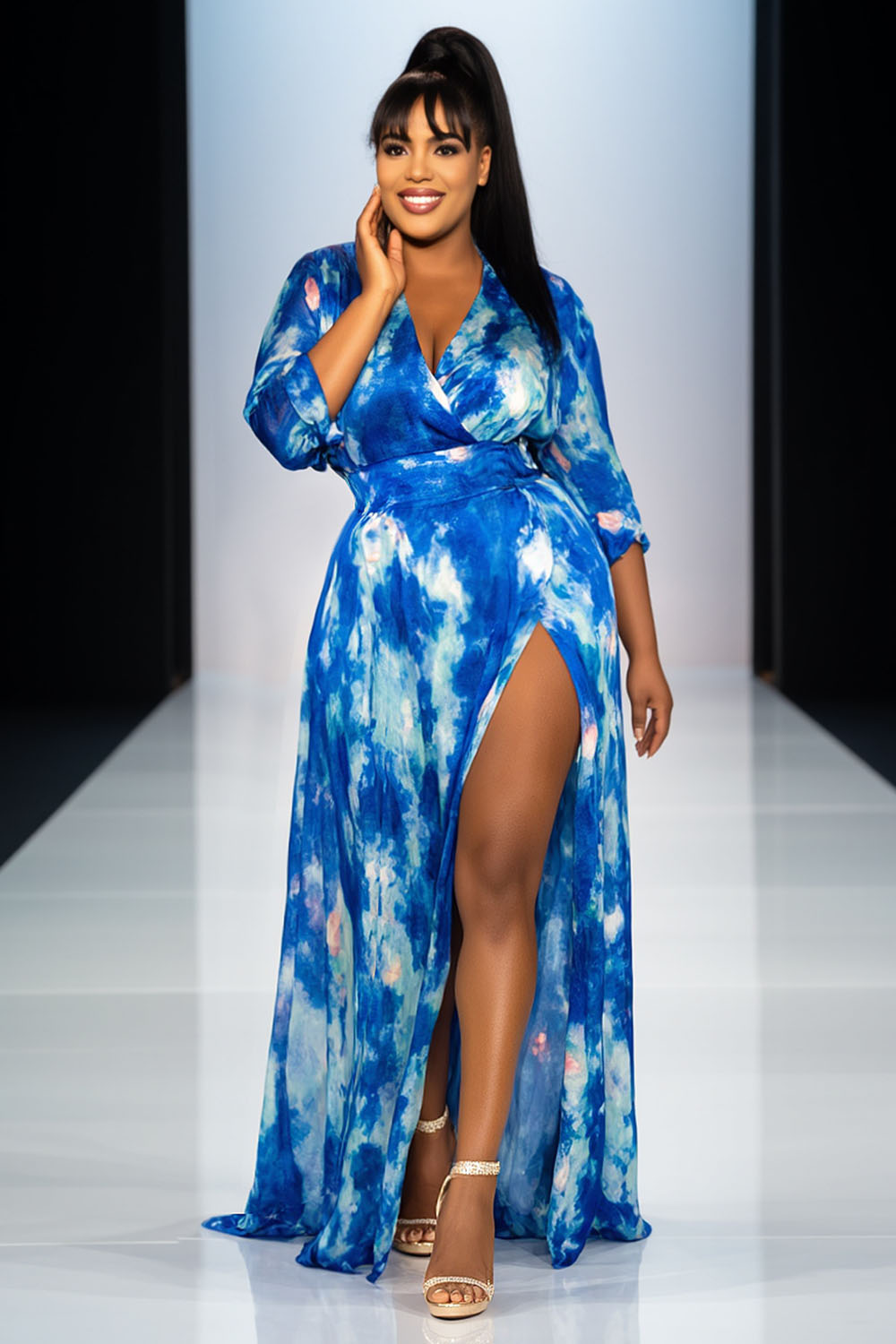 Tie Dye Print 3/4 Sleeve Overlap V Neck Slit Maxi Dresses-Blue [Pre Order]