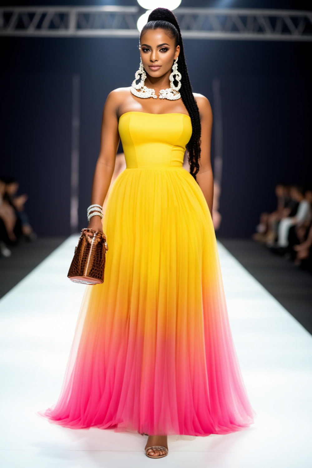 Strapless Corset Ombre Tulle Hem Party Maxi Dresses-Yellow [Pre Order]