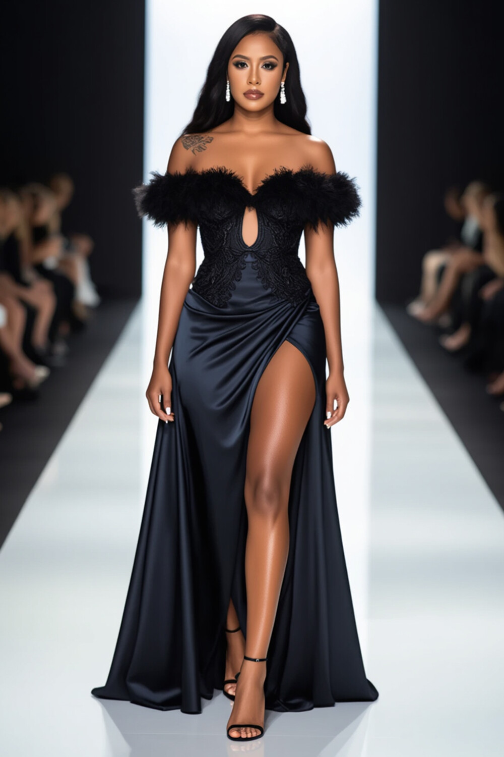 Off Shoulder Fuzzy Keyhole Neck Slit Party Maxi Dresses-Black [Pre Order]