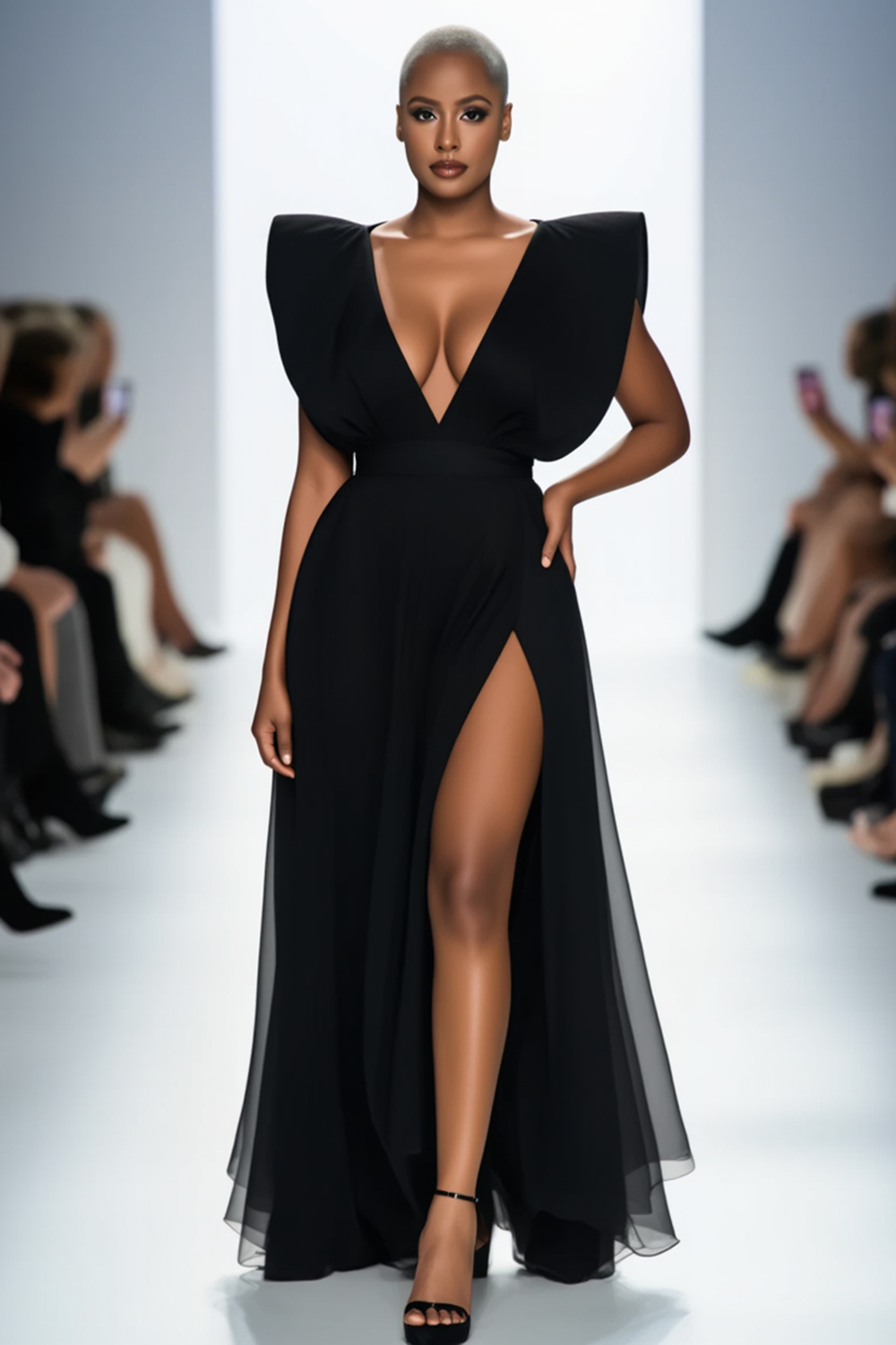 Deep V Neck Flutter Sleeve Mesh Layered Party Maxi Dresses-Black [Pre Order]