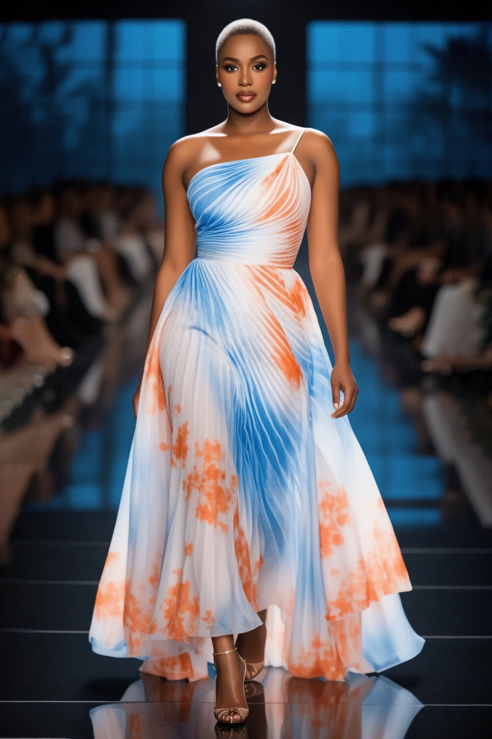 One Shoulder Ombre Floral Print Pleated Party Maxi Dresses-White [Pre Order]