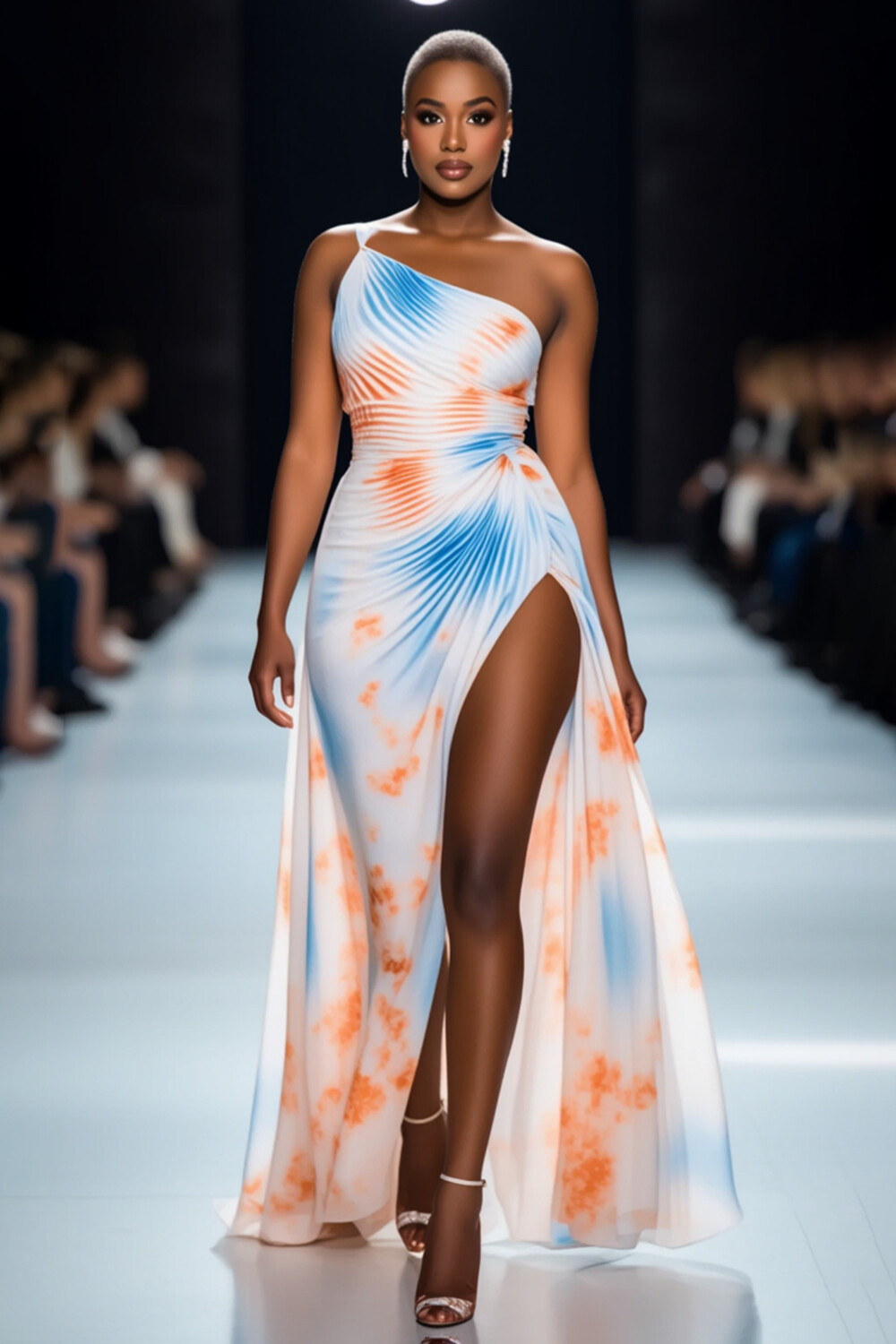 One Shoulder Ombre Floral Print Slit Party Maxi Dresses-White [Pre Order]