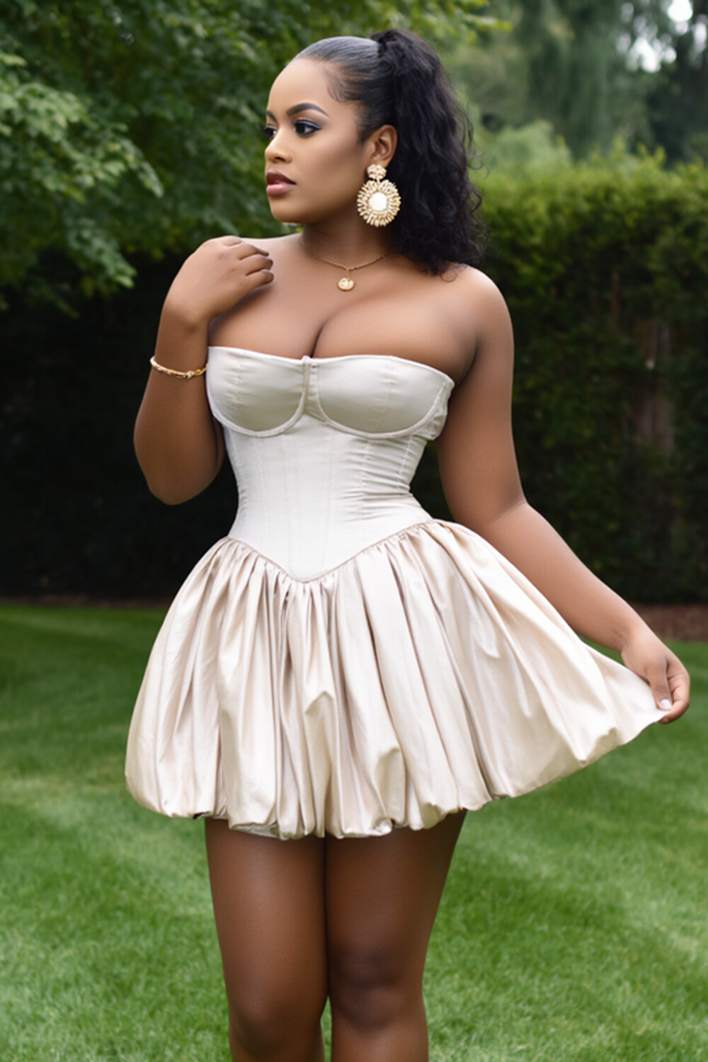 Strapless Basque Waist Bubble Hem Party Solid Mini Dresses-Beige [Pre Order]