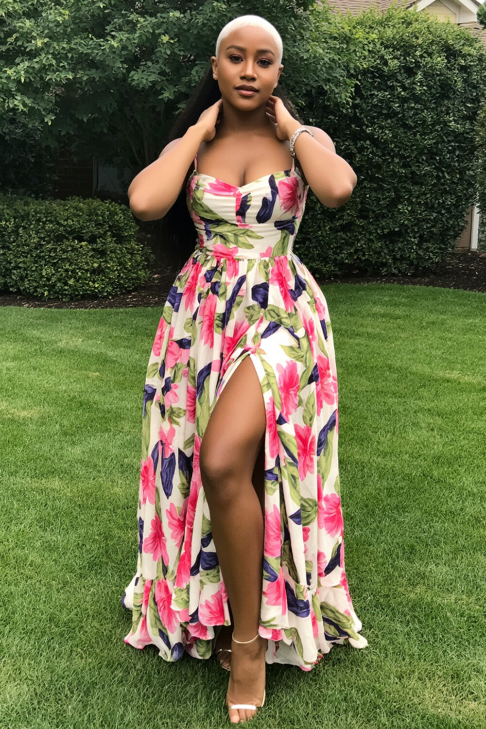 Floral Print Gathered Slit Vacation Maxi Slip Dresses-Multicolor [Pre Order]