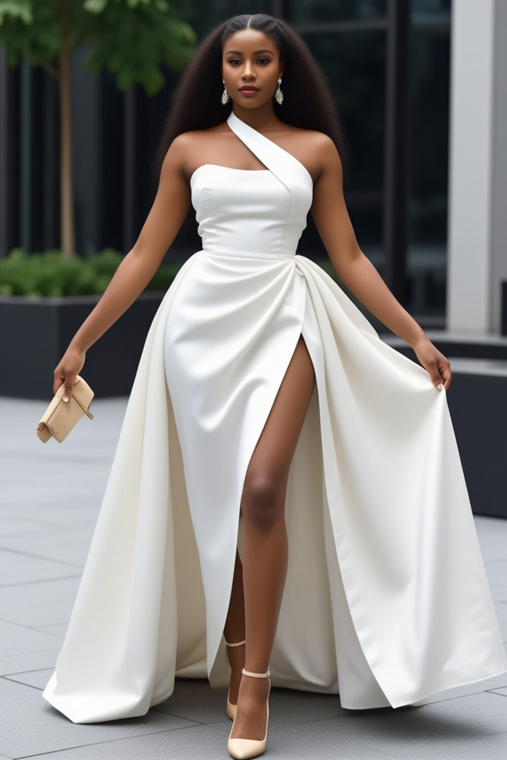 Asymmetric Strap Ruched High Slit Formal Party Maxi Dresses-White [Pre Order]