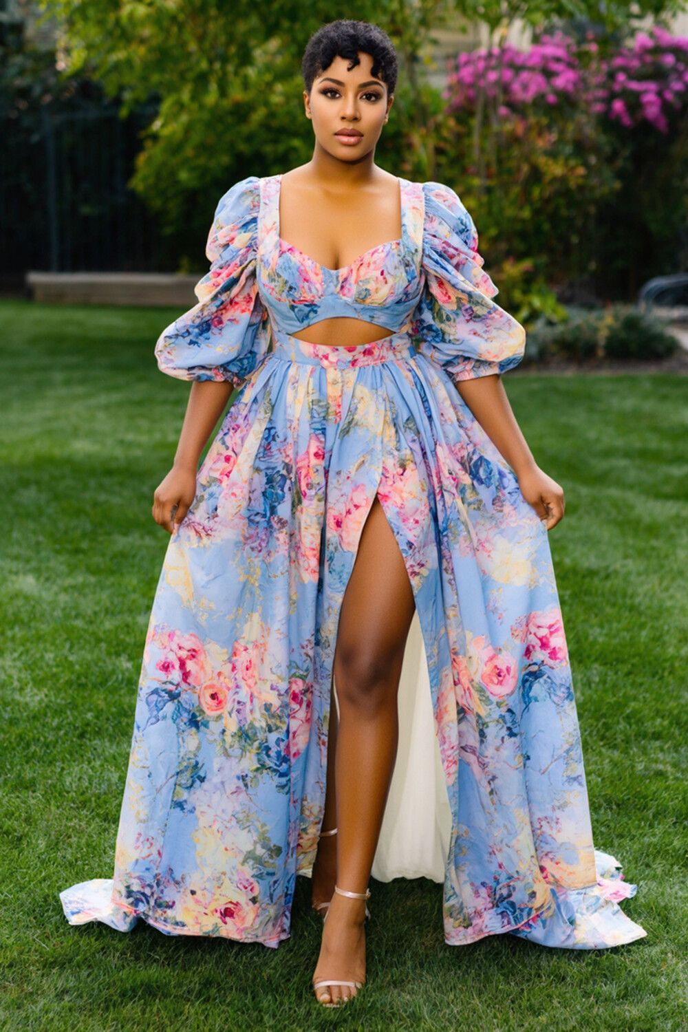 Puff Sleeve Cutout Floral Print Slit Party Maxi Dresses-Blue [Pre Order]