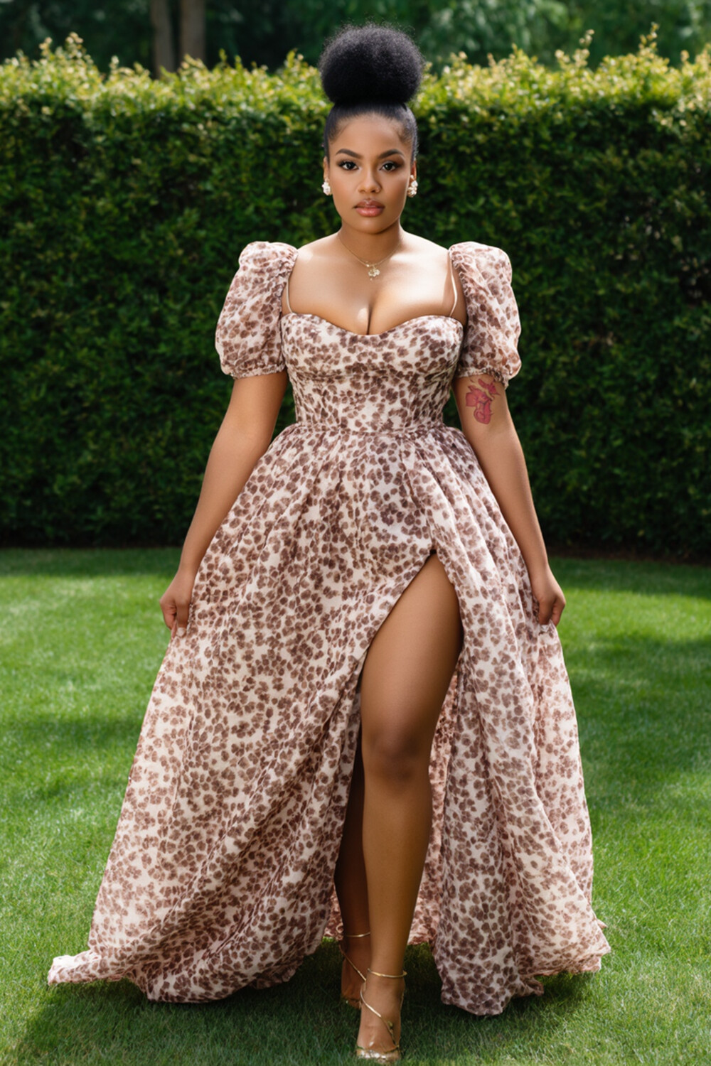 Leopard Print Puff Sleeve High Slit Hem Party Maxi Dresses-Brown [Pre Order]