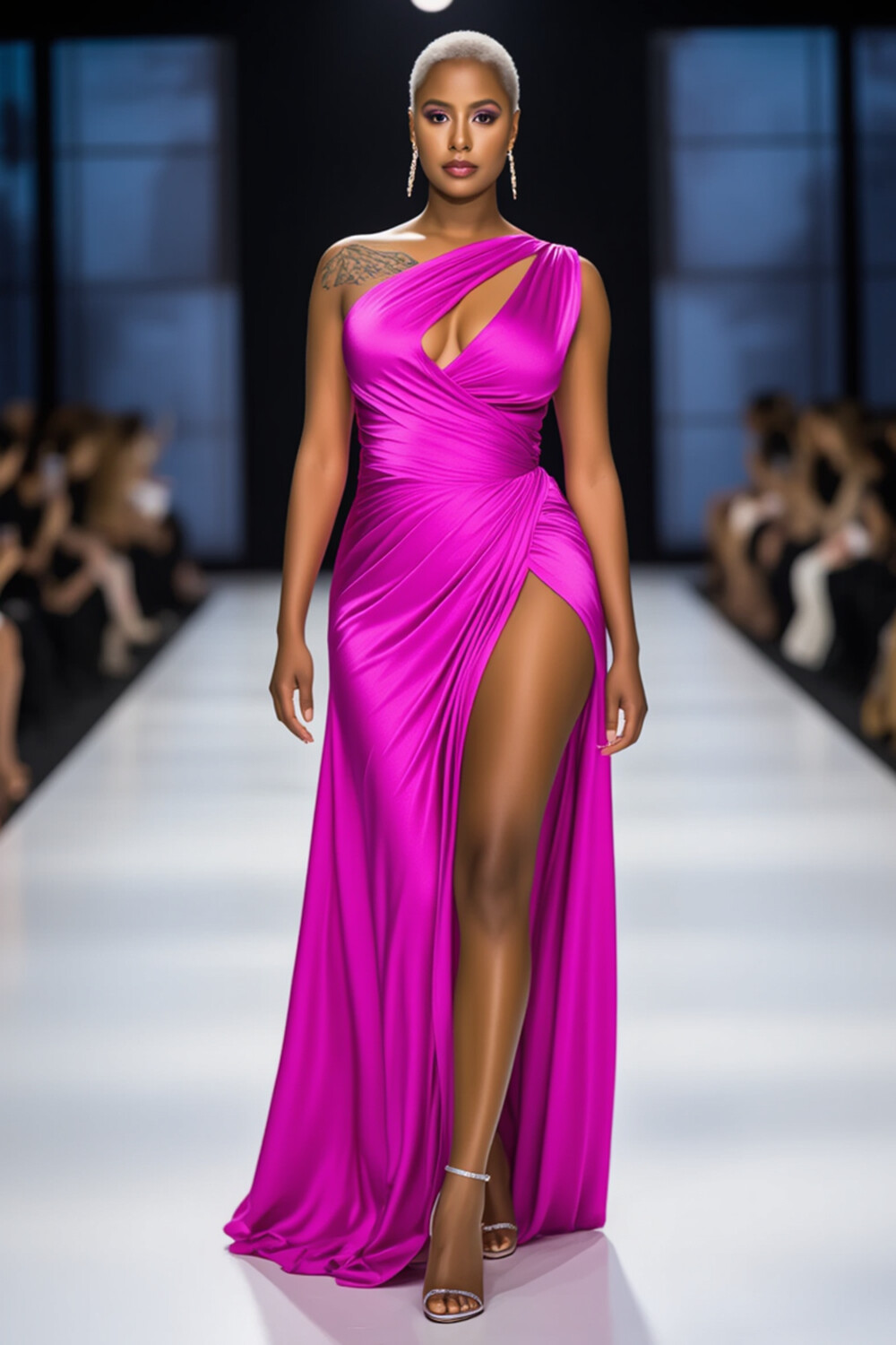 One Shoulder Cutout Wrapped Slit Party Maxi Dresses-Fuchsia [Pre Order]