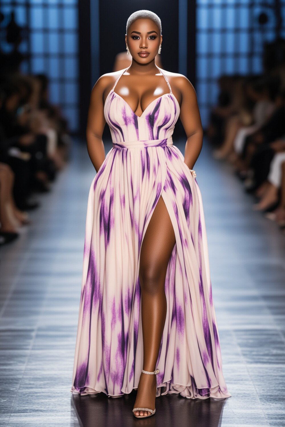 Ombre Print Halter V Neck Slit Formal Party Maxi Dresses-Pink [Pre Order]