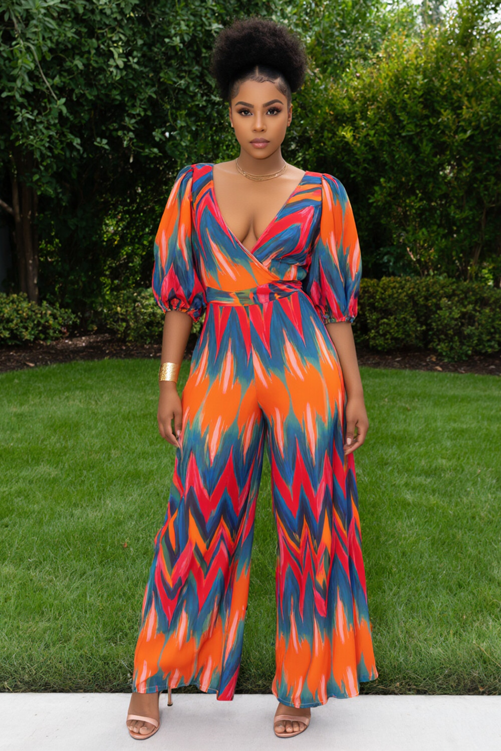 Overlap V Neck Puff Sleeve Tie Dye Print Wide Leg Jumpsuit-Orange [Pre Order]