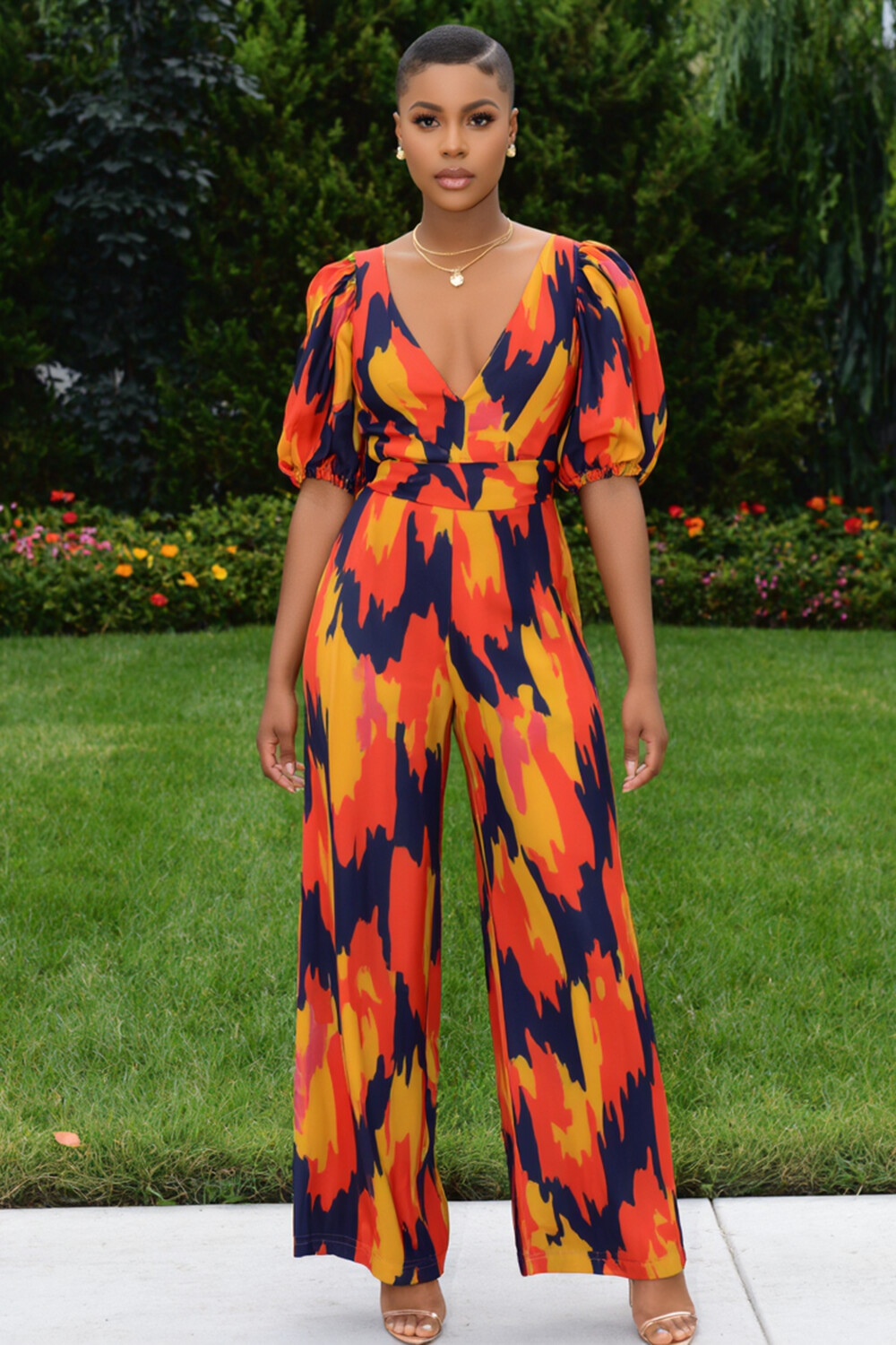 V Neck Puff Sleeve Colorblock Print Wide Leg Jumpsuit-Orange [Pre Order]