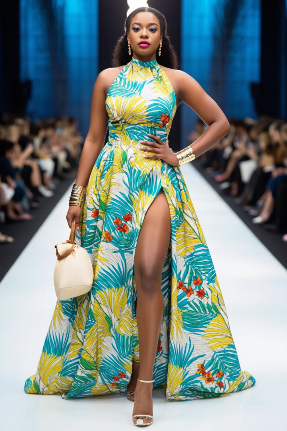 Halter Sleeveless Leaves Print High Slit Party Maxi Dresses-Green [Pre Order]