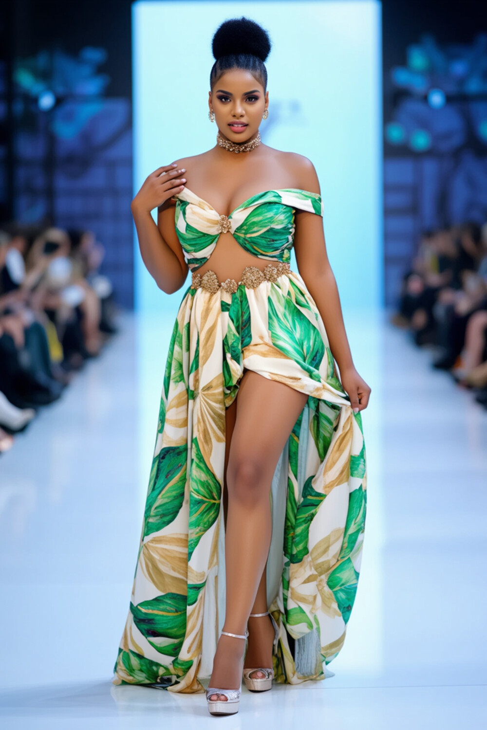 Off Shoulder Cutout Leaves Print Slit Party Maxi Dresses-Green [Pre Order]