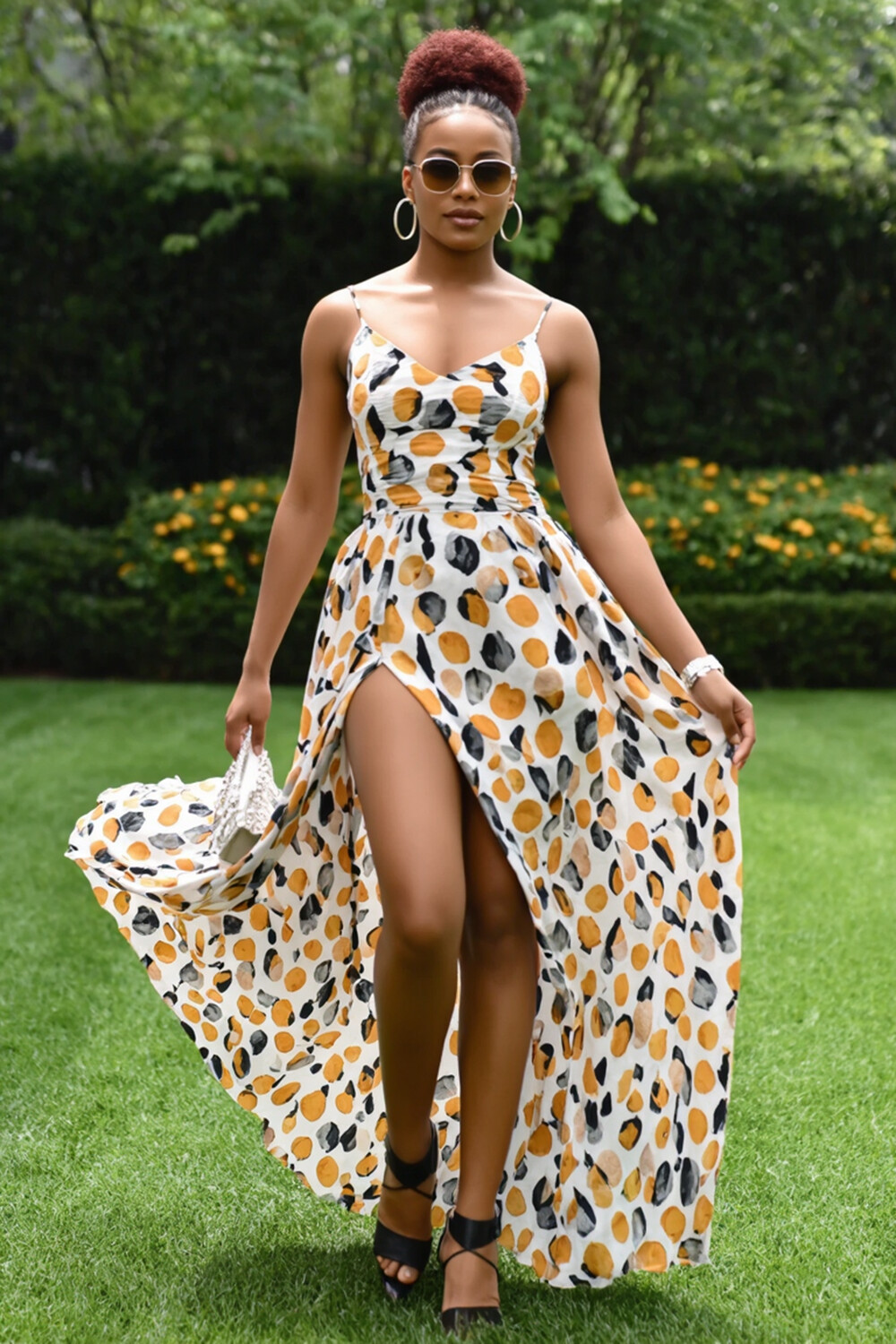 Boho Print Cinch Waist High Slit Vacation Maxi Slip Dresses-White [Pre Order]
