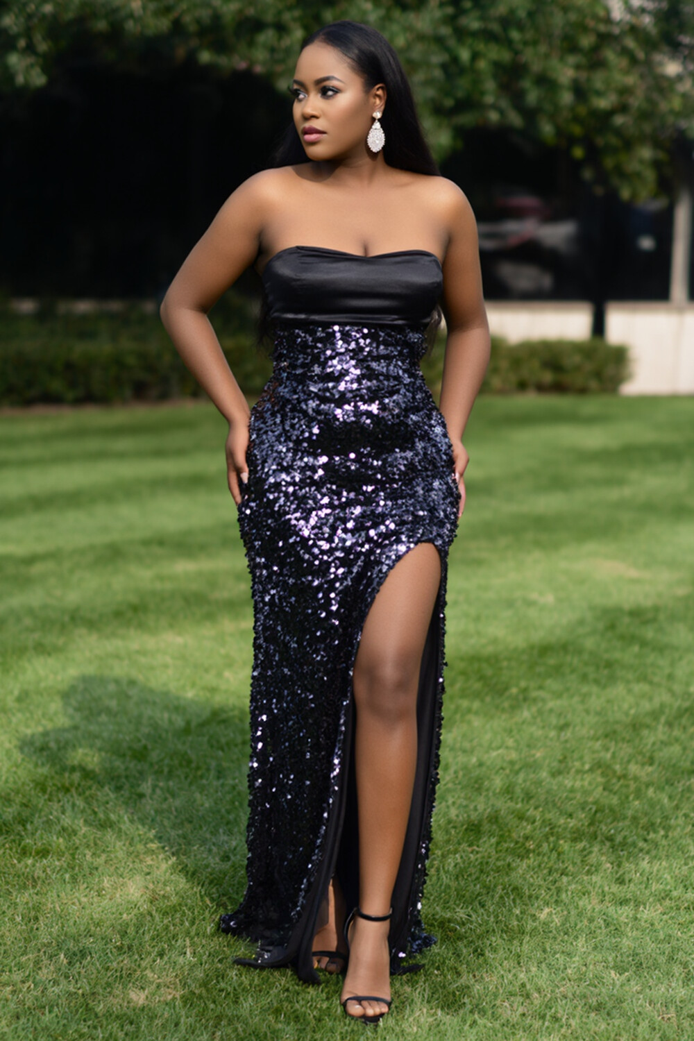 Strapless Patchwork Sequin High Slit Party Maxi Dresses-Black [Pre Order]