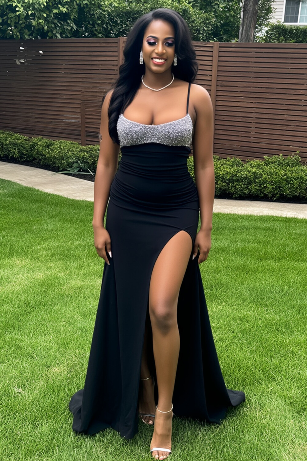 Colorblock Sequin Patchwork Slit Party Maxi Slip Dresses-Black [Pre Order]