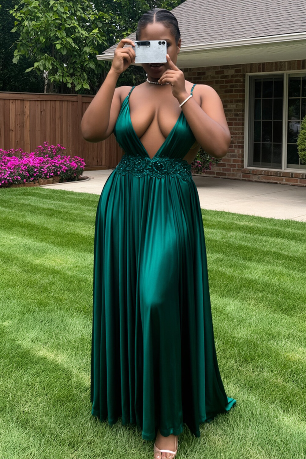 Deep V Neck Embroidery Gathered Hem Party Maxi Slip Dresses-Green [Pre Order]