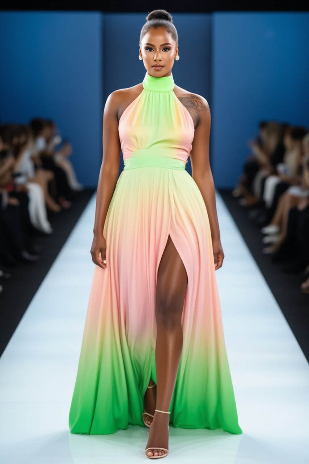 Halter Sleeveless Ombre Print Slit Party Maxi Dresses-Green [Pre Order]