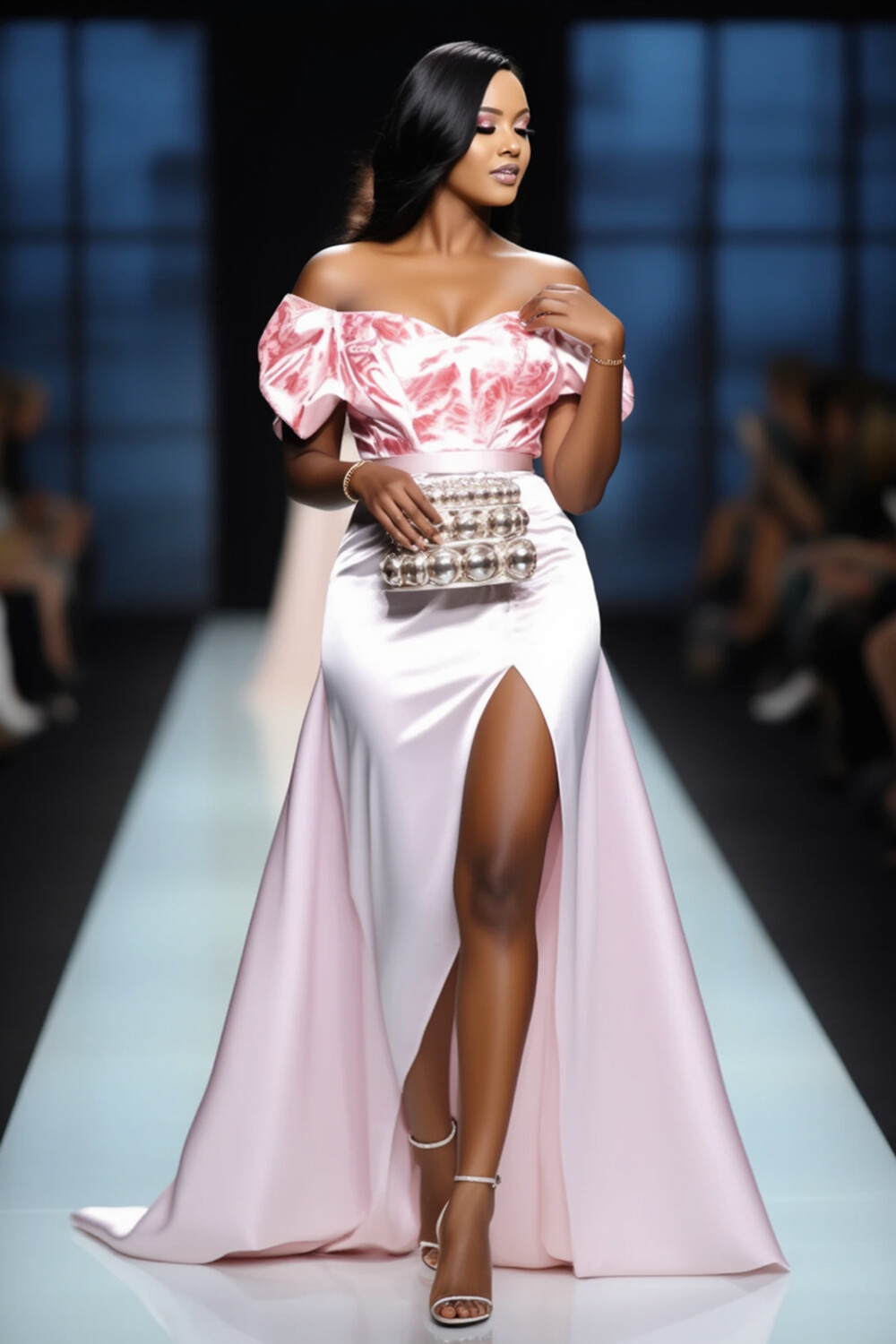 Off Shoulder Print Satin Patchwork Slit Party Maxi Dresses-Pink [Pre Order]
