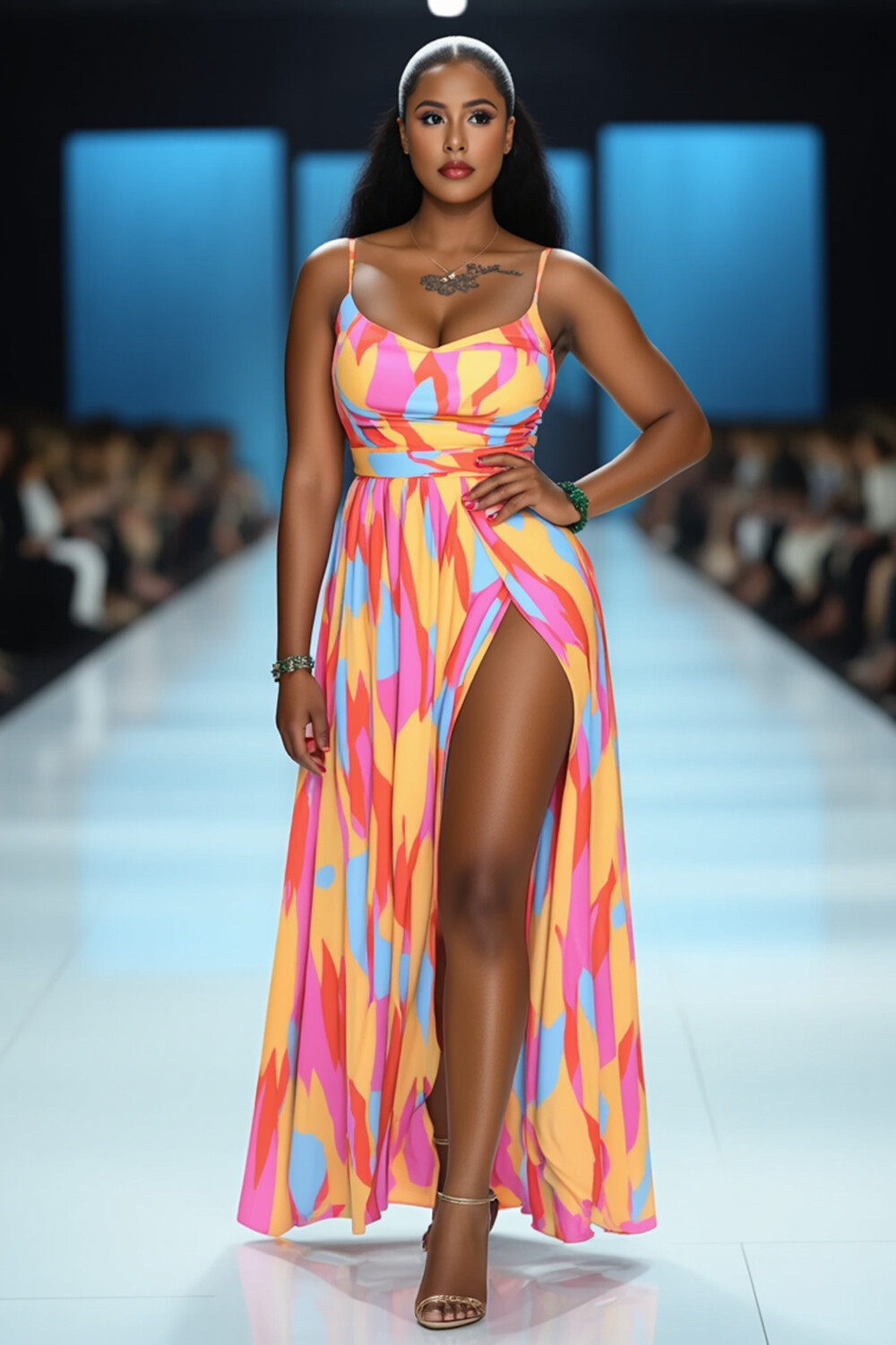 Print Empire Waist Slit Vacation Maxi Slip Dresses-Multicolor [Pre Order]