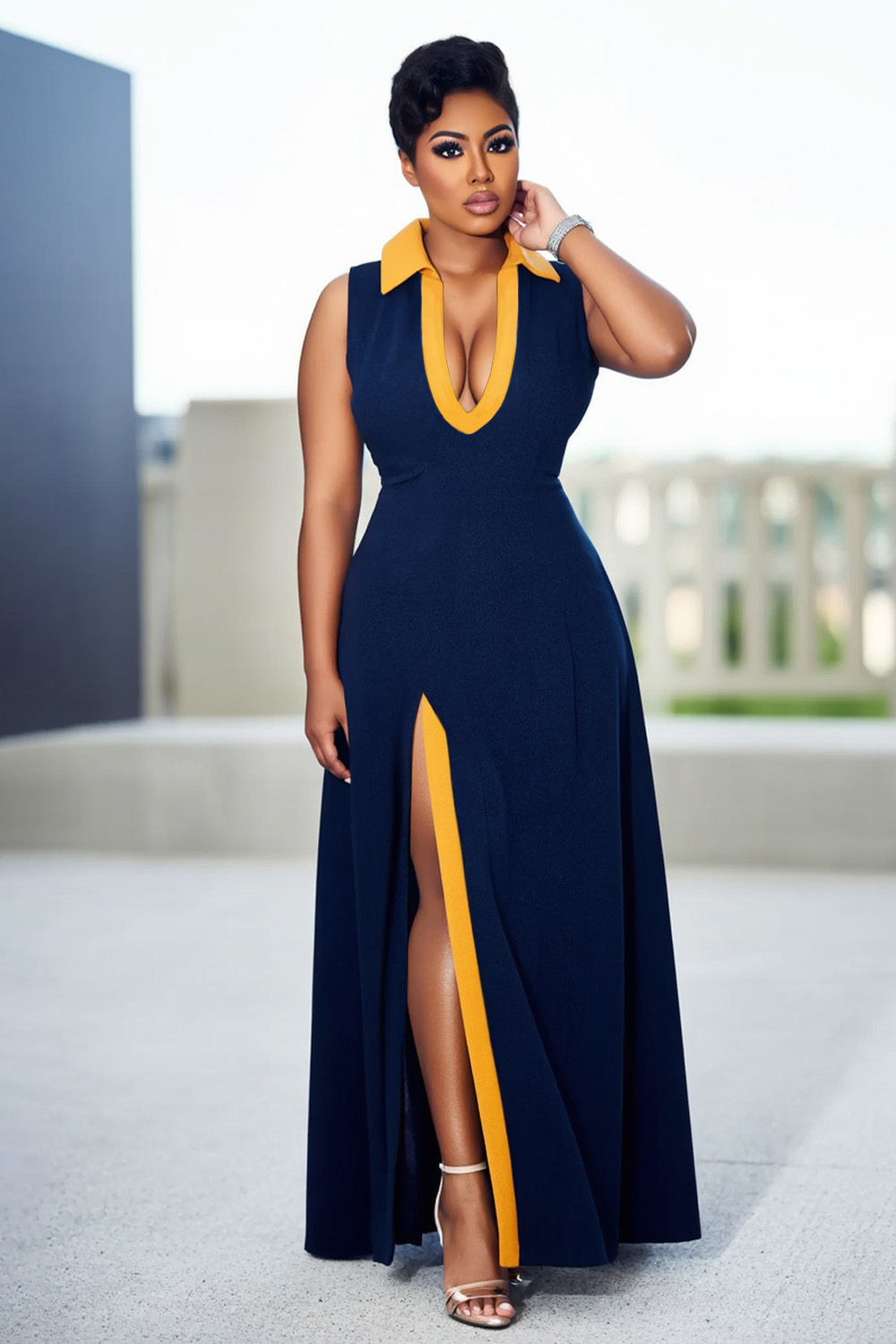 Deep V Neck Sleeveless Colorblock Slit Party Maxi Dresses-Navy [Pre Order]