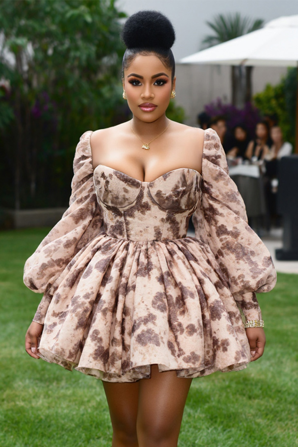 Lantern Long Sleeve Print A-Line Daily Mini Dresses-Brown [Pre Order]