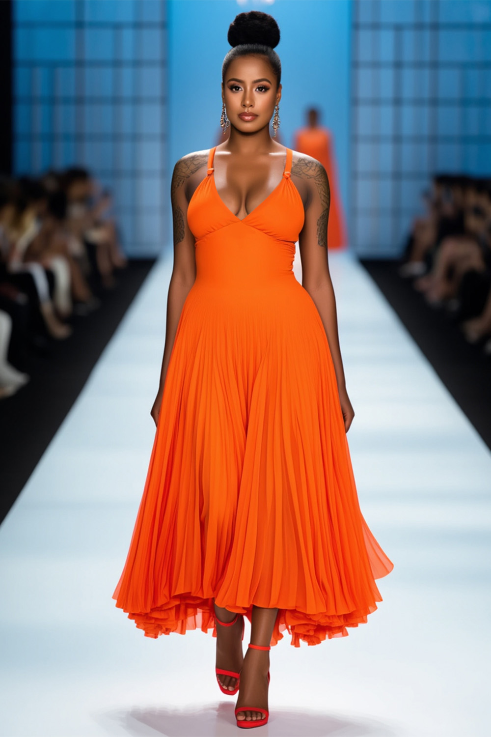 V Neck Cinched Irregular Pleated Hem Party Maxi Dresses-Orange [Pre Order]