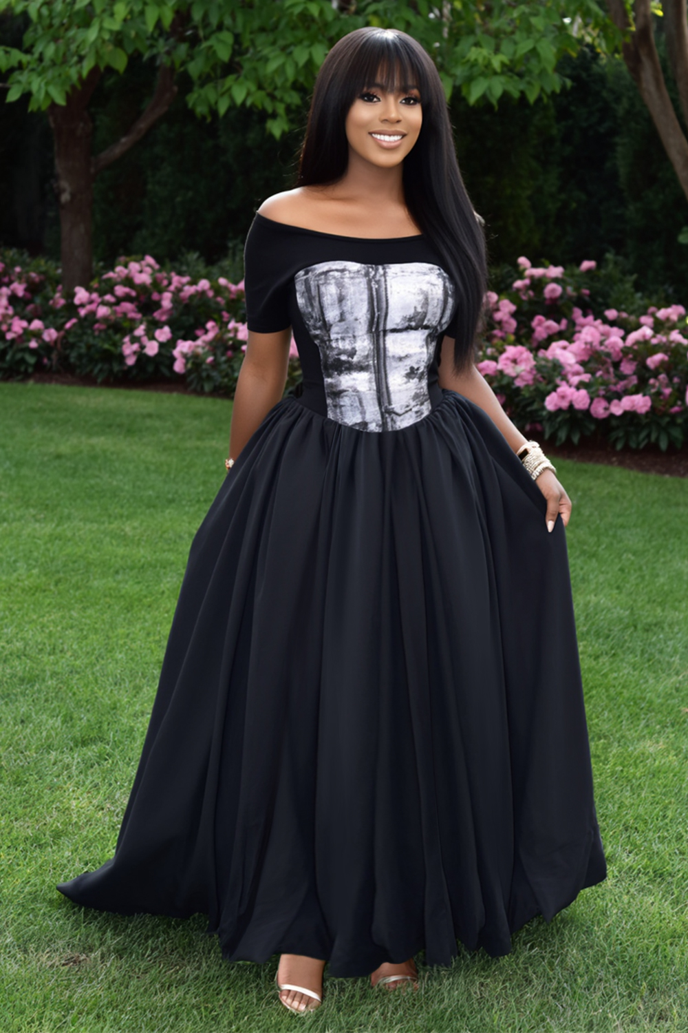 Off Shoulder Short Sleeve Print Patchwork Maxi Dresses-Black [Pre Order]