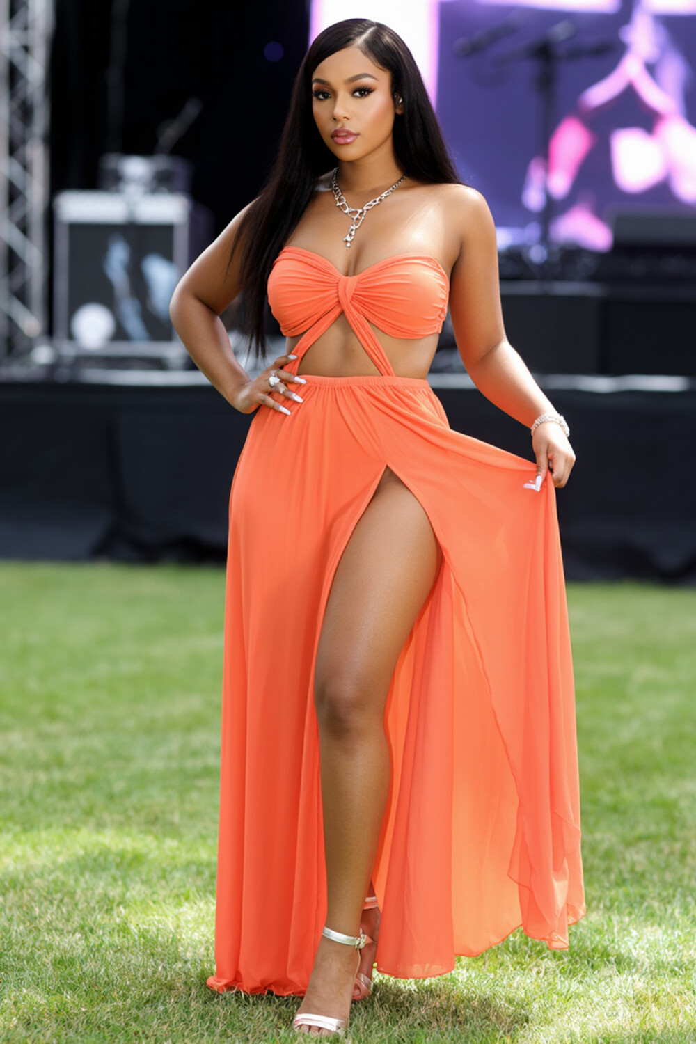 Strapless Cutout Strap High Slit Vacation Maxi Dresses-Orange [Pre Order]
