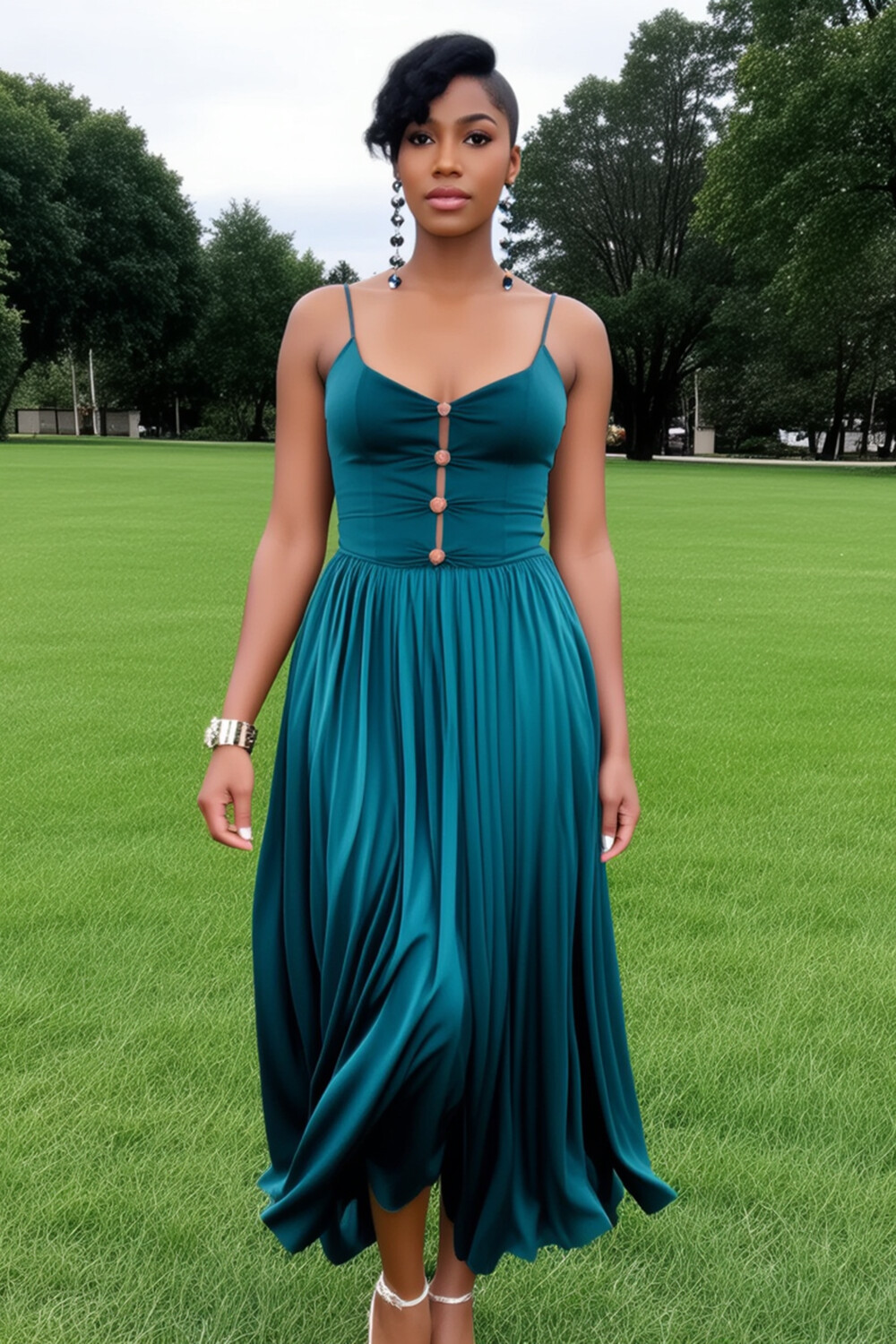 Button Decor Pleated Hem Party Maxi Slip Dresses-Green [Pre Order]