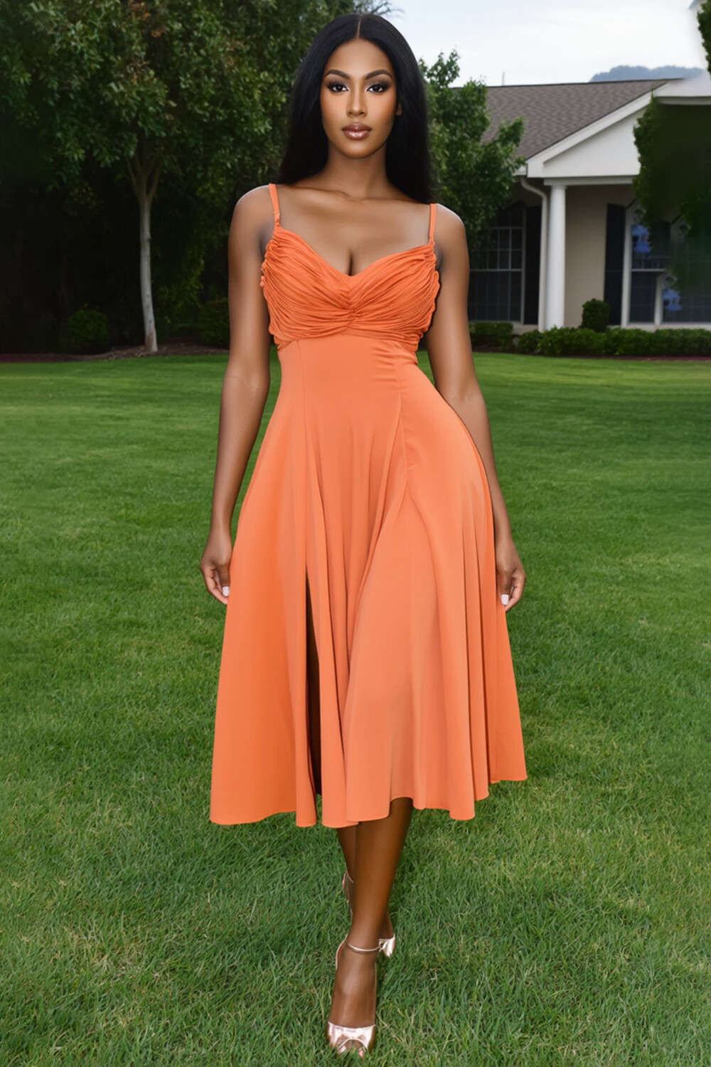 Ruched Cowl Neck Cinch Waist Slit Hem Midi Slip Dresses-Orange [Pre Order]