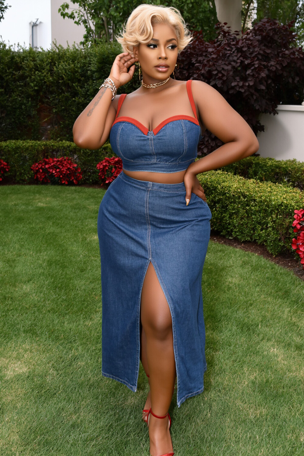 Colorblock Trim Cami Top Slit Midi Skirt Denim 2pcs Set-Blue [Pre Order]