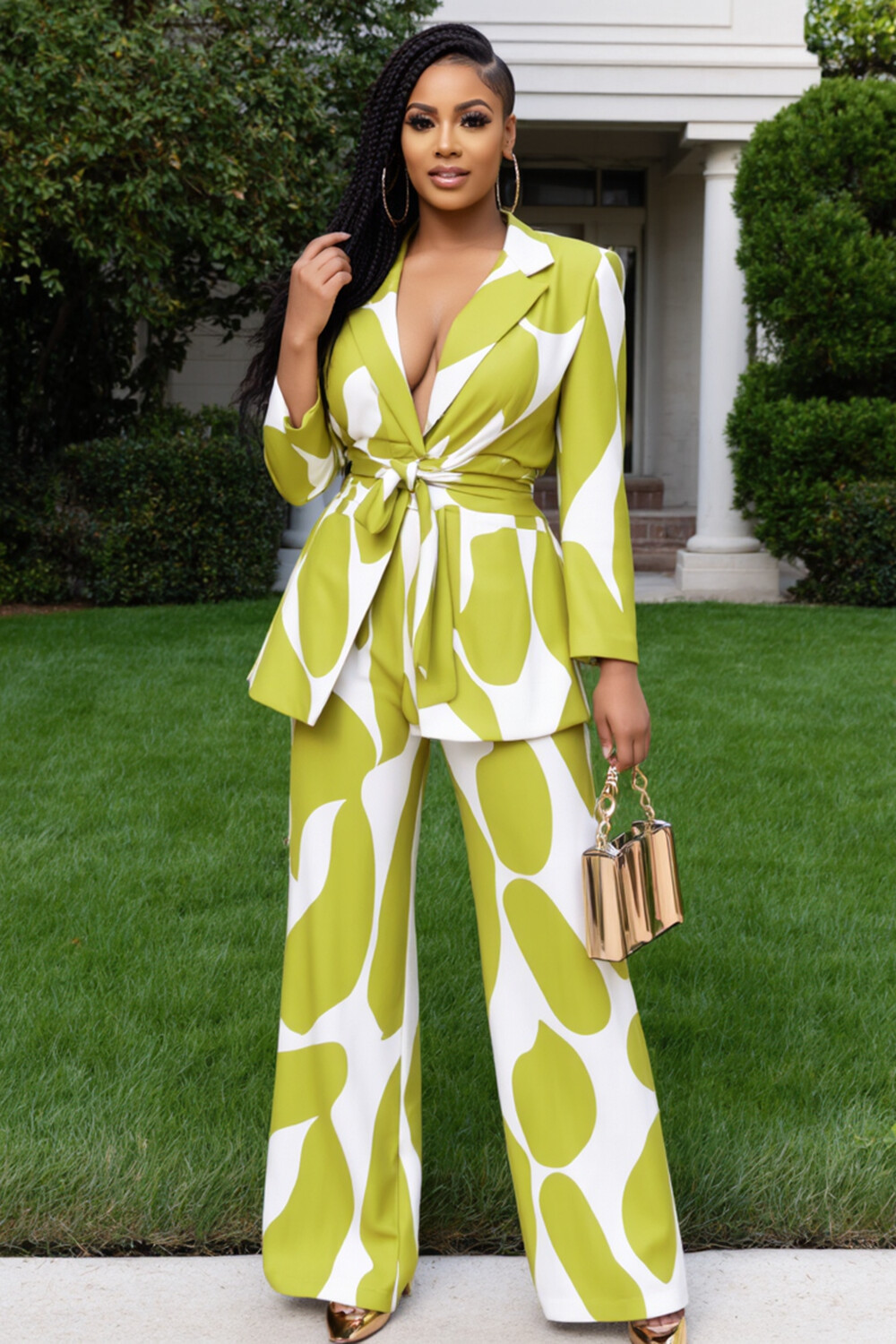 Geometric Print Lapel Collar Blazer Wide Leg Pants 2pcs Set-Green [Pre Order]