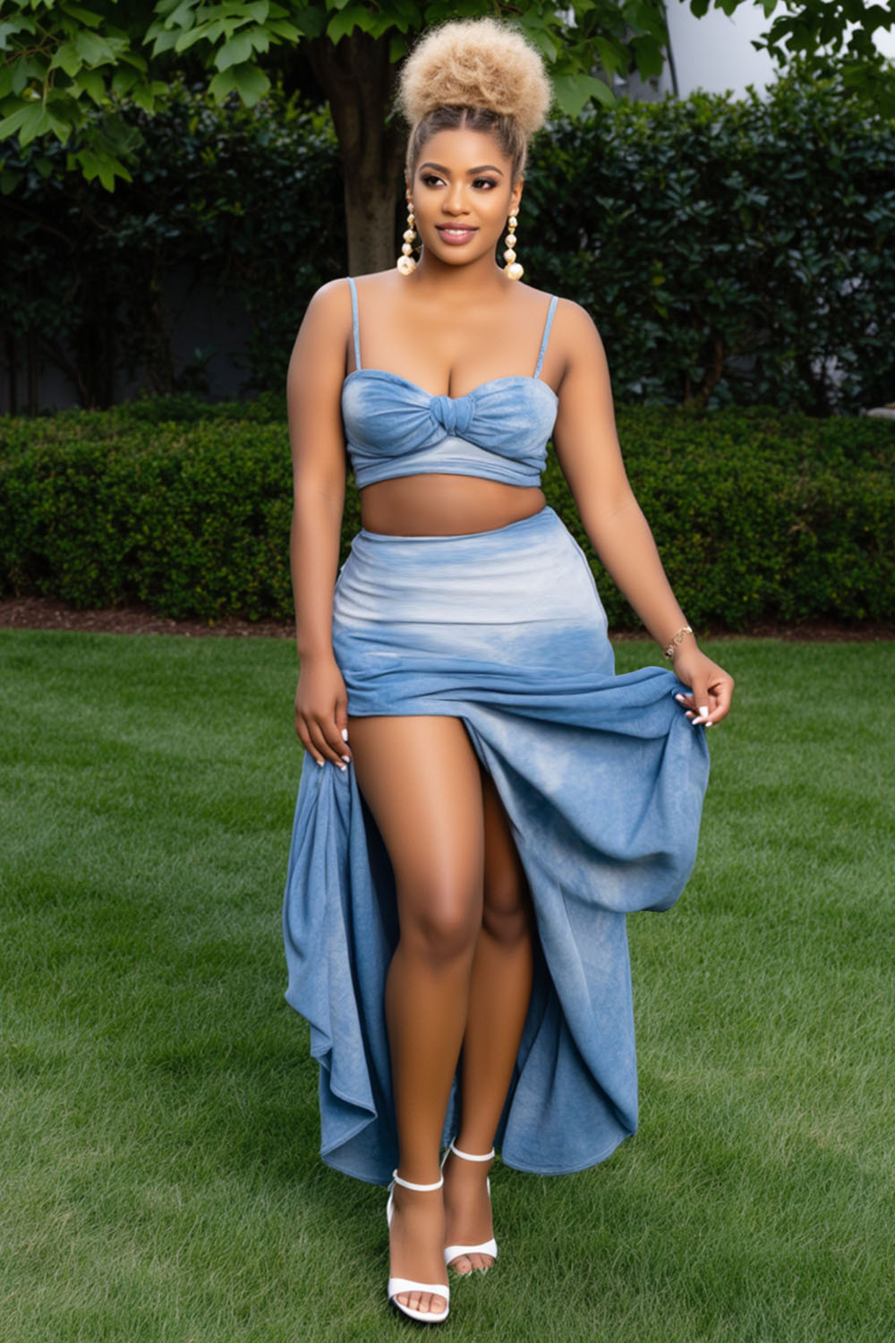 Knotted Cami Crop Top Slit Maxi Skirt Washed Denim 2pcs Set-Blue [Pre Order]