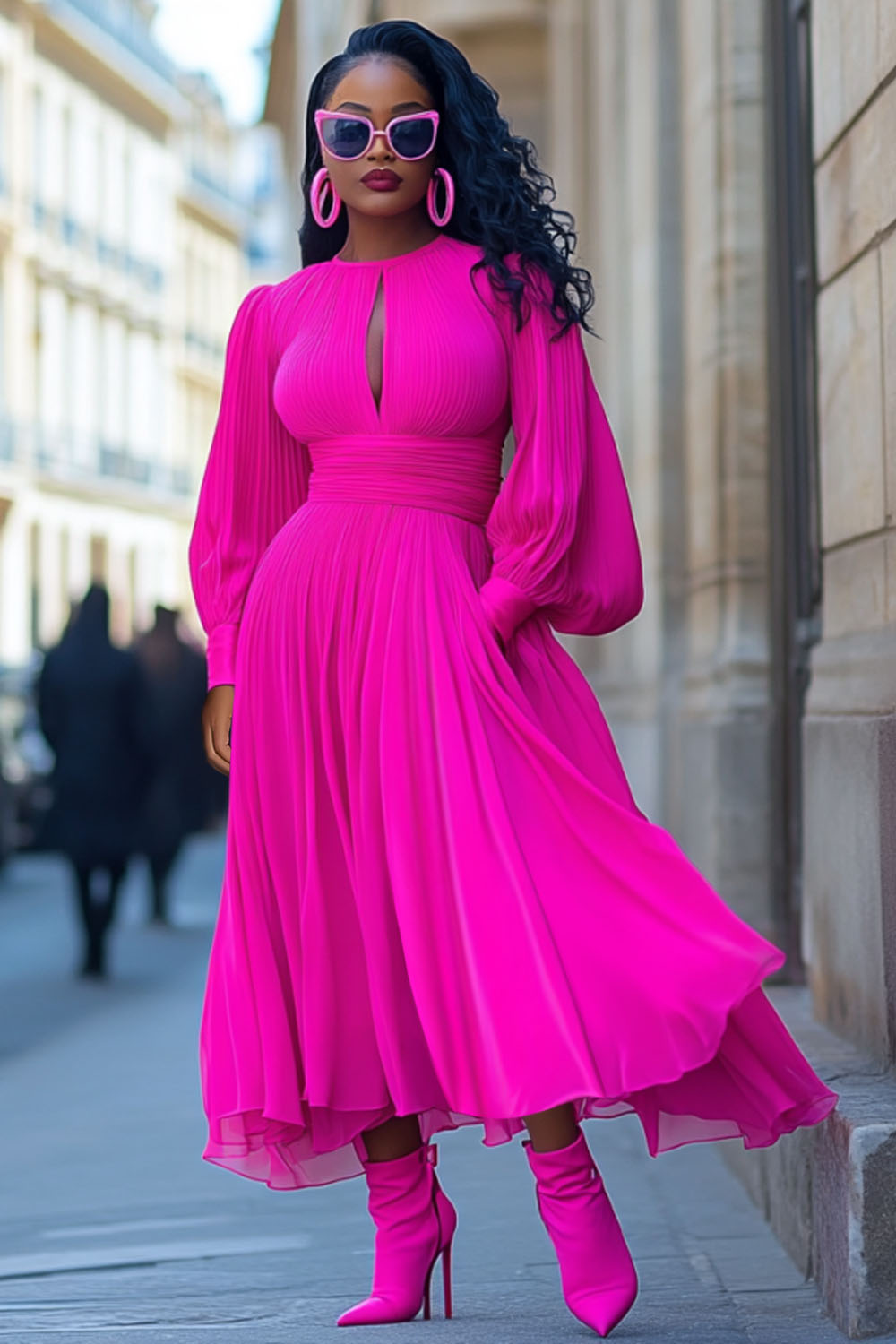 Keyhole Neck Lantern Sleeve Cinched Flowy Maxi Dresses-Fuchsia [Pre Order]