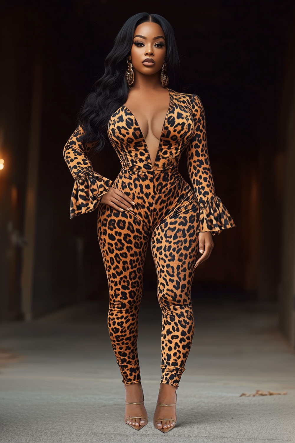 V Neck Flare Sleeve Leopard Print Party Leggings Jumpsuit-Brown [Pre Order]