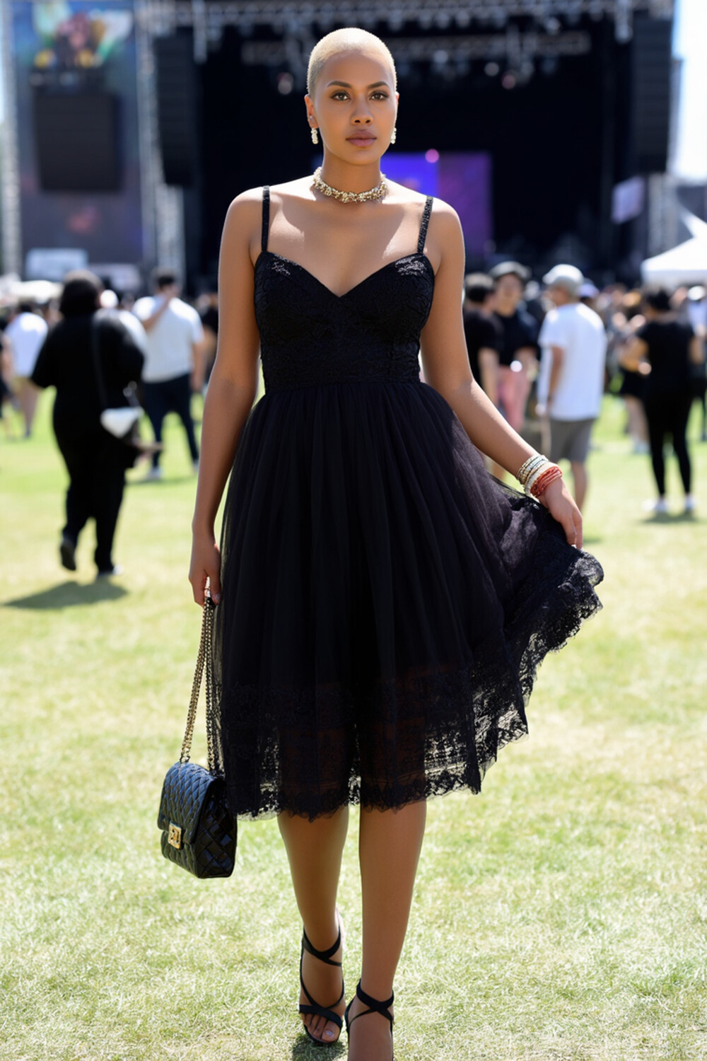 Lace Trim Layered Cinch Waist Cami Party Midi Dresses-Black [Pre Order]