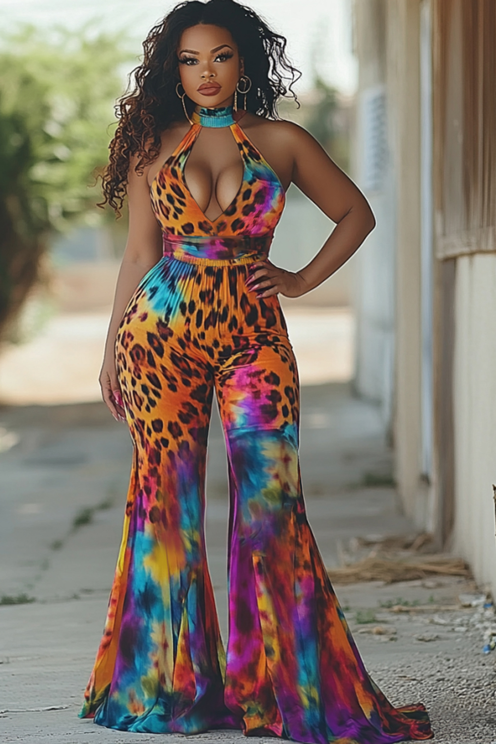 Leopard Print Keyhole Halter Party Flare Leg Jumpsuit-Orange [Pre Order]