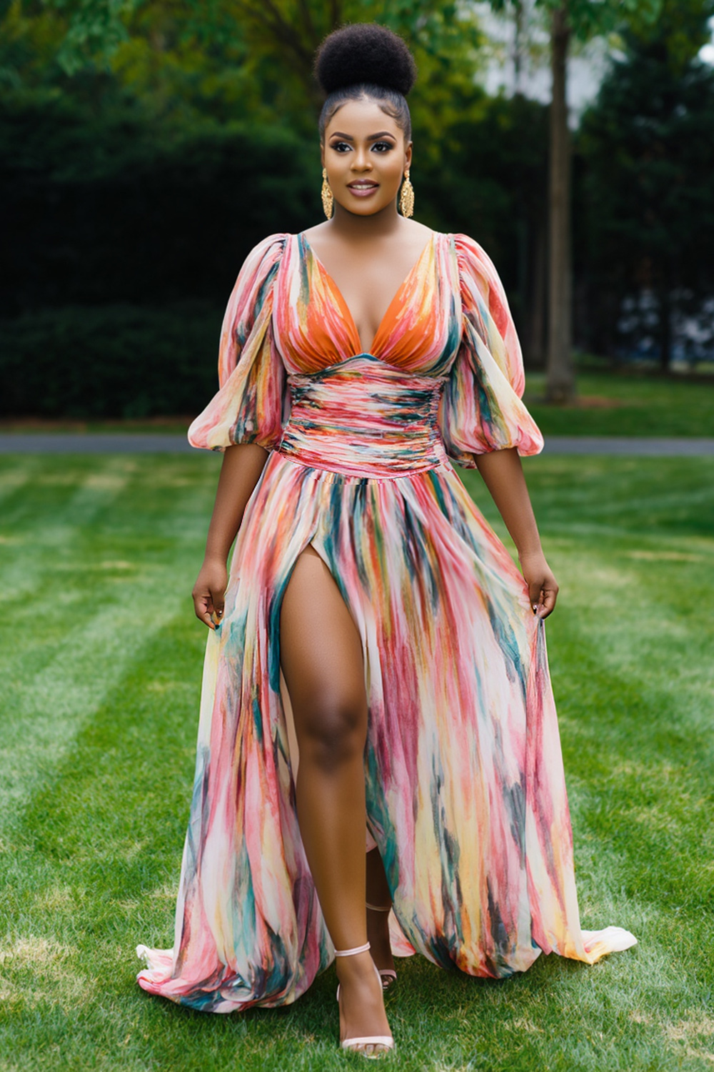Print Puff Sleeve V Neck Slit Vacation Maxi Dresses-Multicolor [Pre Order]