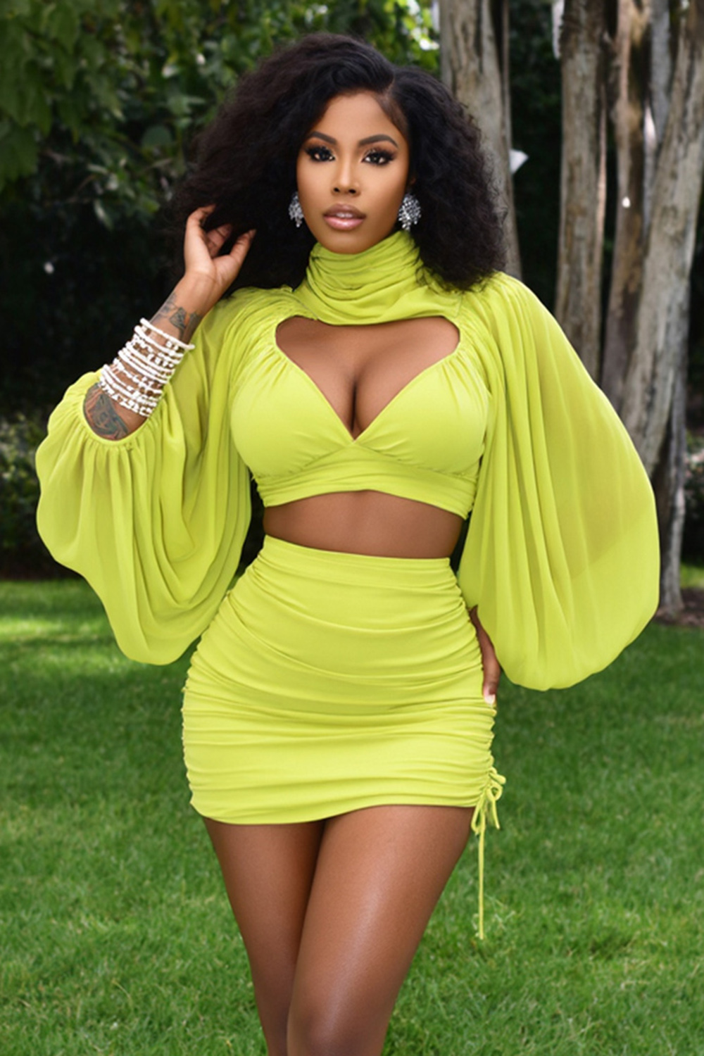 Turtleneck Bell Sleeve Top Ruched Mini Skirt Party 2pcs Set-Green [Pre Order]