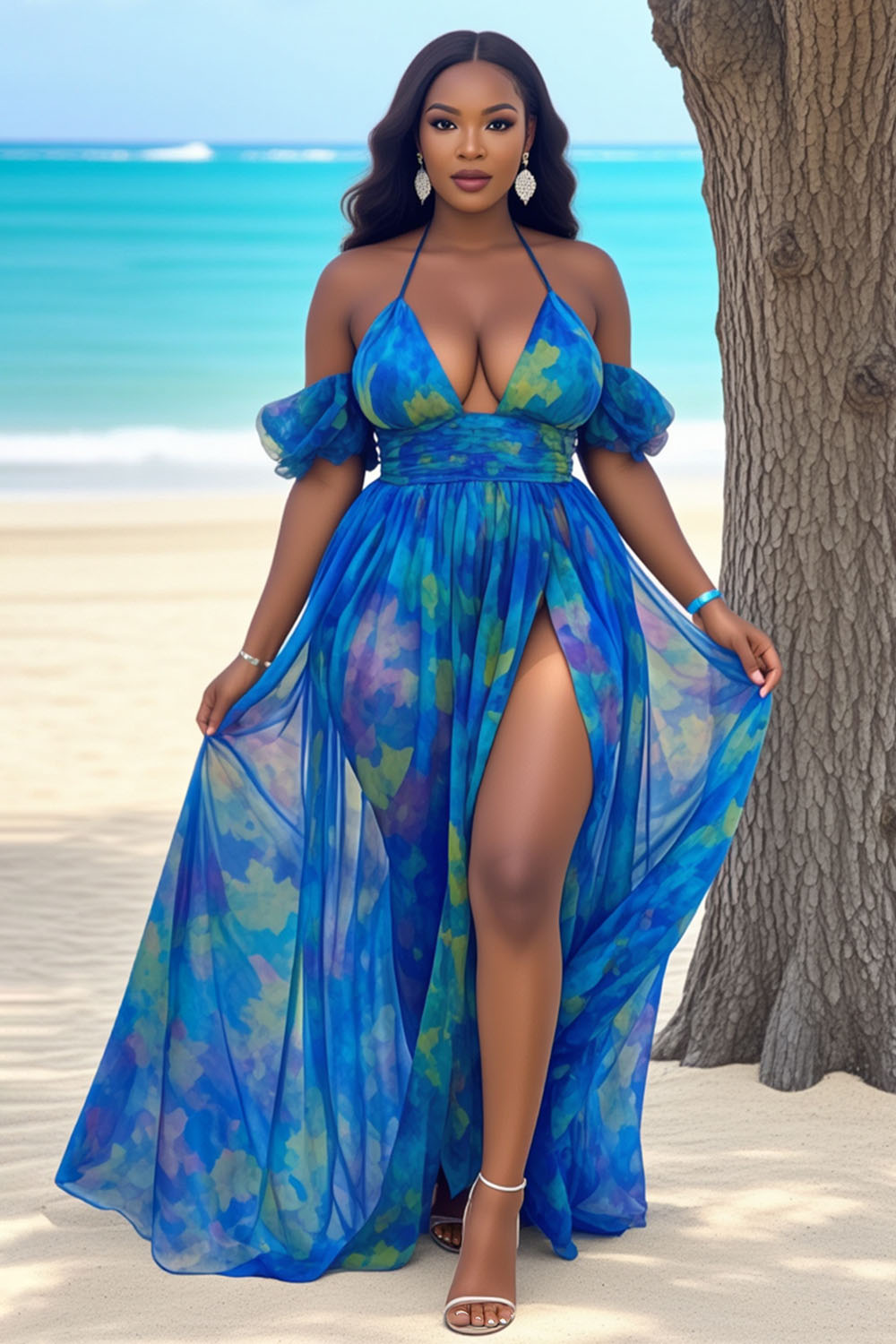 Cold Shoulder Halter Neck Print Mesh EDM Party Maxi Dresses-Blue [Pre Order]