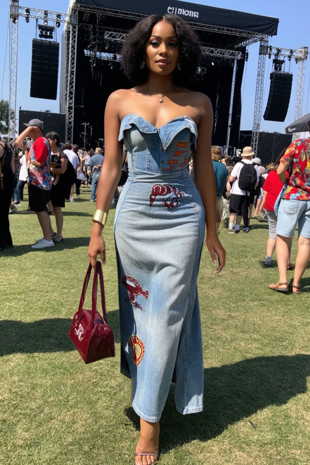 Bandeau Slim-Fit Slit EDM Party Denim Maxi Tube Dresses-Blue [Pre Order]