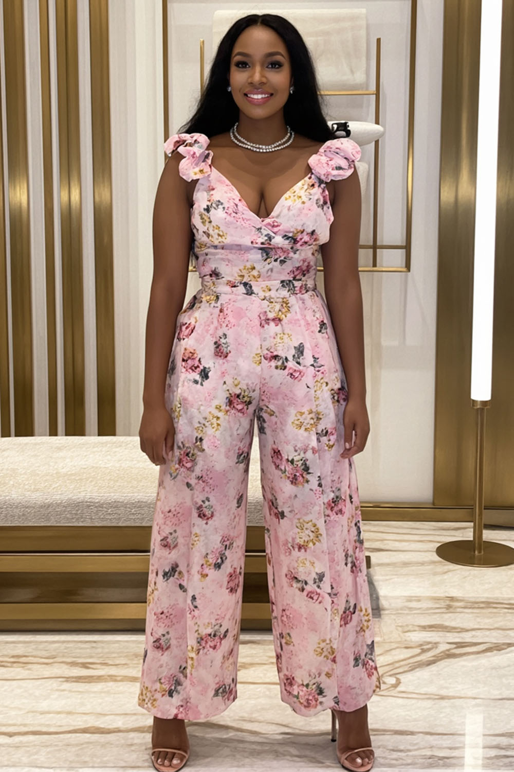 V Neck Rosette Floral Print Cinched Party Wide Leg Jumpsuit-Pink [Pre Order]