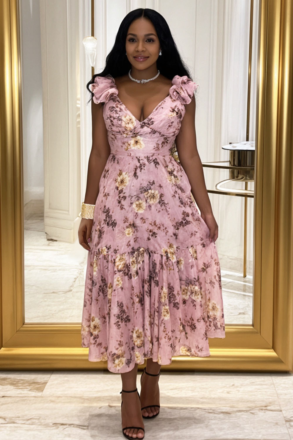 V Neck Rosette Floral Print Cinched Vacation Midi Dresses-Pink [Pre Order]