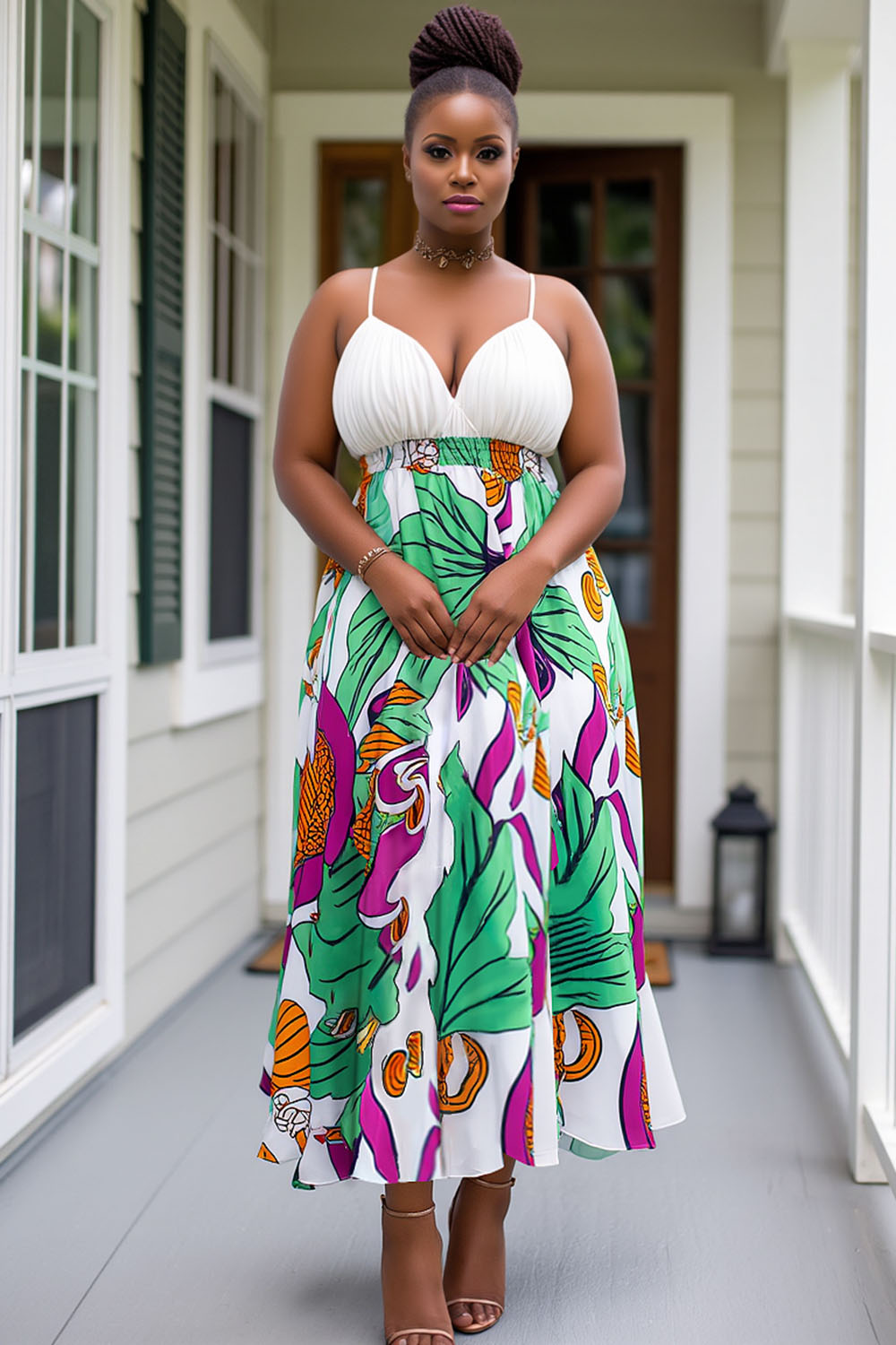 Overlap V Neck Empire Waist Leaves Print Maxi Slip Dresses-White [Pre Order]