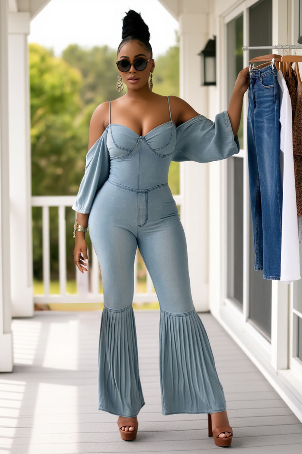 Cold Shoulder Party Quilted Pleated Flare Leg Jumpsuit-Blue [Pre Order