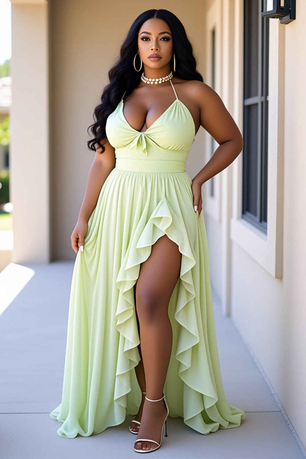 Halter V Neck Gathered Hem Ruffle Slit Party Maxi Dresses-Yellow [Pre Order]
