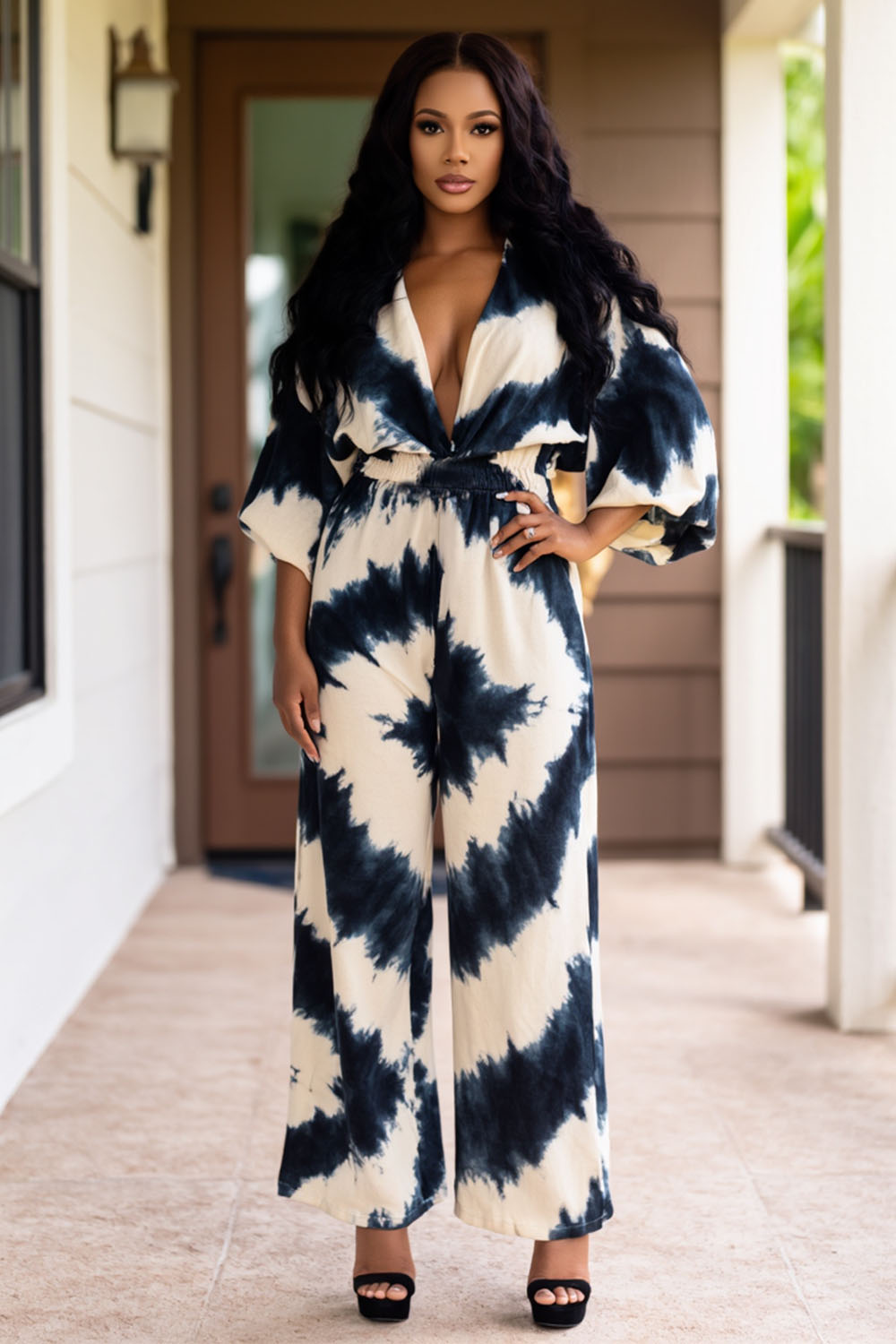 Tie Dye Print V Neck 3/4 Sleeve Vacation Wide Leg Jumpsuit-Beige [Pre Order]