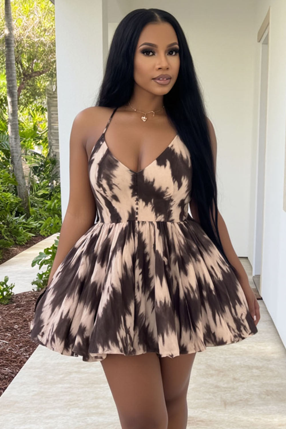 Tie Dye Print V Neck Cami Gathered Vacation Mini Dresses-Brown [Pre Order]