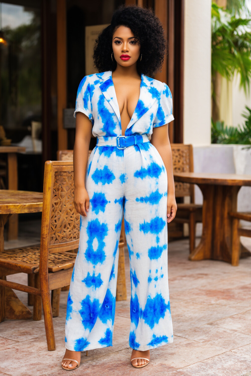 Tie Dye Print Lapel Neck Puff Sleeve Vacay Wide Leg Jumpsuit-Blue [Pre Order]